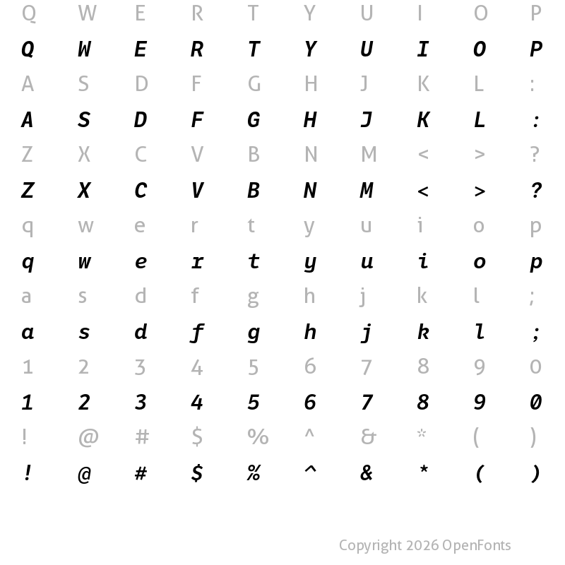 Character Map of LFT Etica Mono Semibold Italic