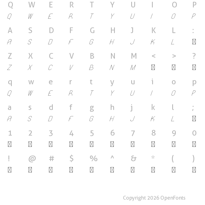 Character Map of Likeguard Demo Light Italic