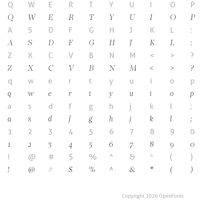 Character Map of Loretta Display VF ExtraLight Italic