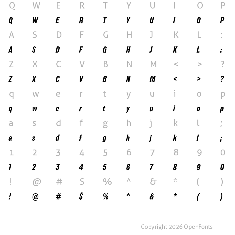 Character Map of Lorimer No 2 Condensed Bold Italic