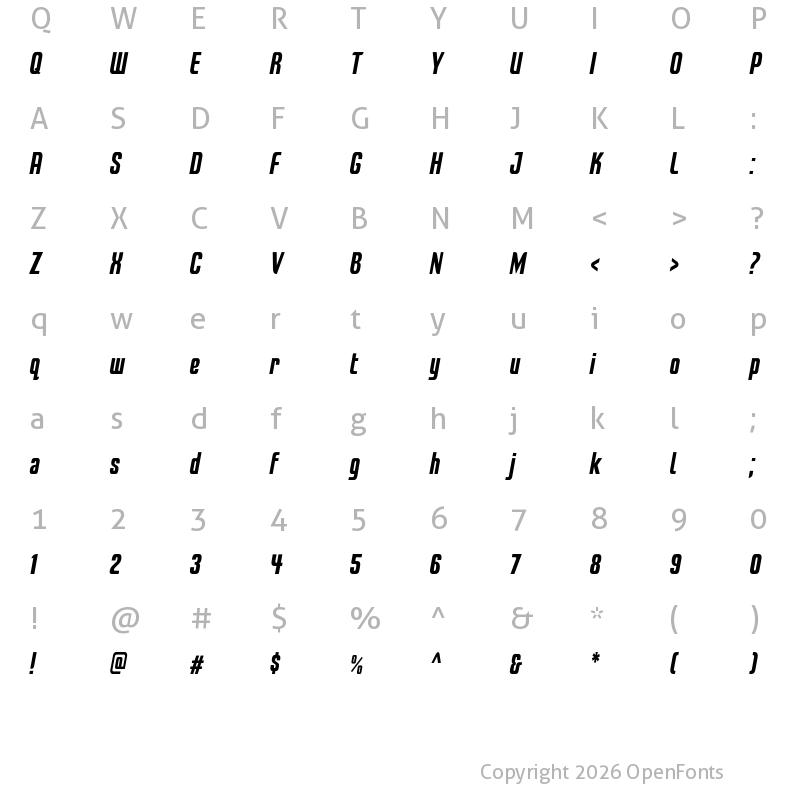 Character Map of LT Energy Narrow Bold Semi-Italic