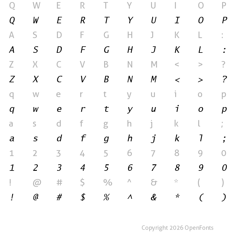 Character Map of Lucida Sans Typewriter Oblique