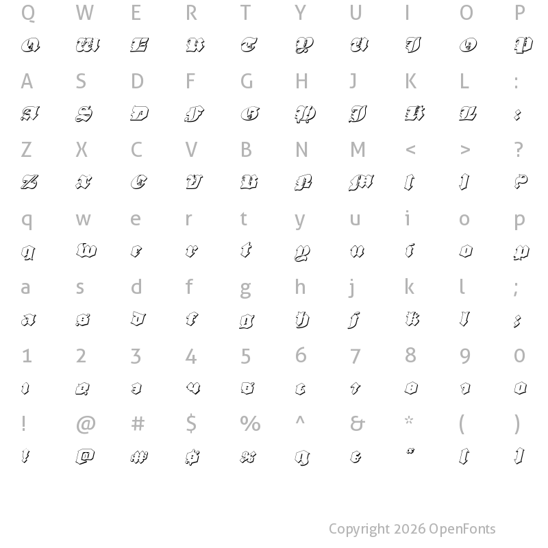 Character Map of Lux Contra Tenebras 3D Italic Italic