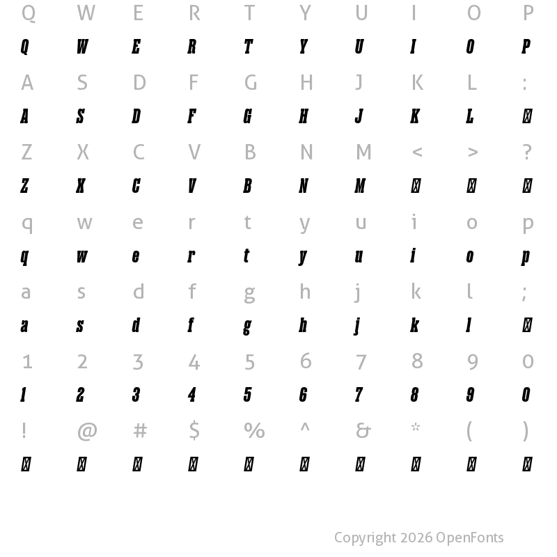 Character Map of Magno Serif Trial Black Oblique