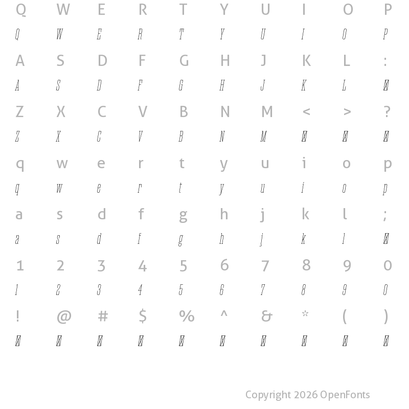 Character Map of Magno Serif Trial Extralight Oblique