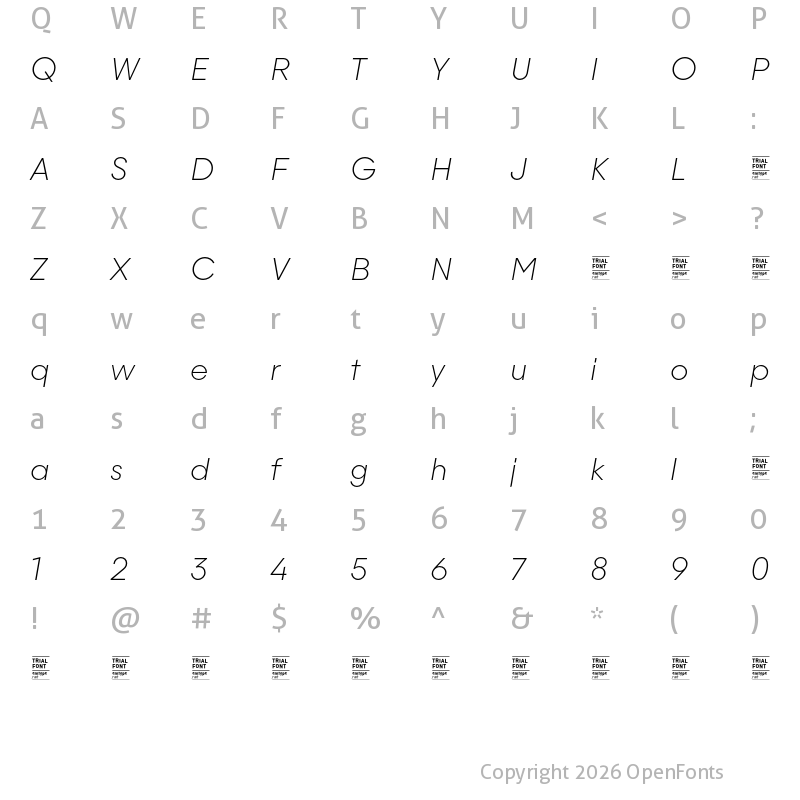 Character Map of Majorant TRIAL Thin Italic