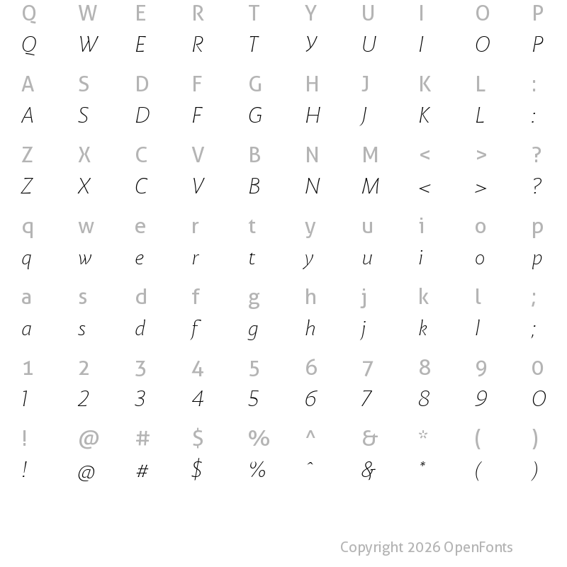 Character Map of Malik Extralight Italic