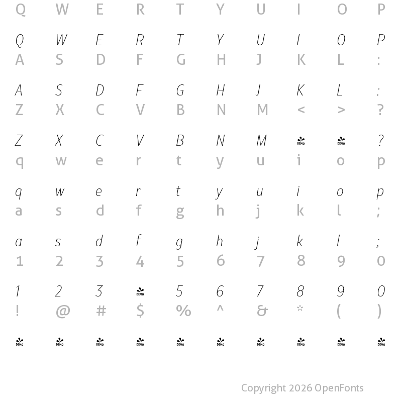 Character Map of Marble Display ExtraLight Italic