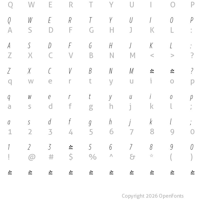 Character Map of Marble Text Condensed ExtraLight Italic