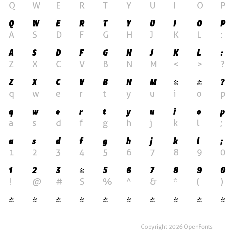 Character Map of Marble Text Condensed Heavy Italic