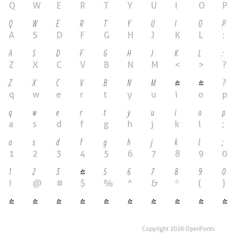 Character Map of Marble Text Condensed Thin Italic
