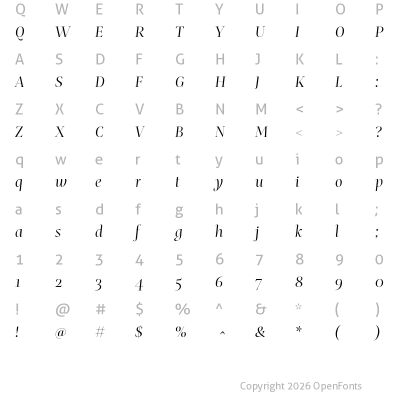 Character Map of Mastro Display Book Italic