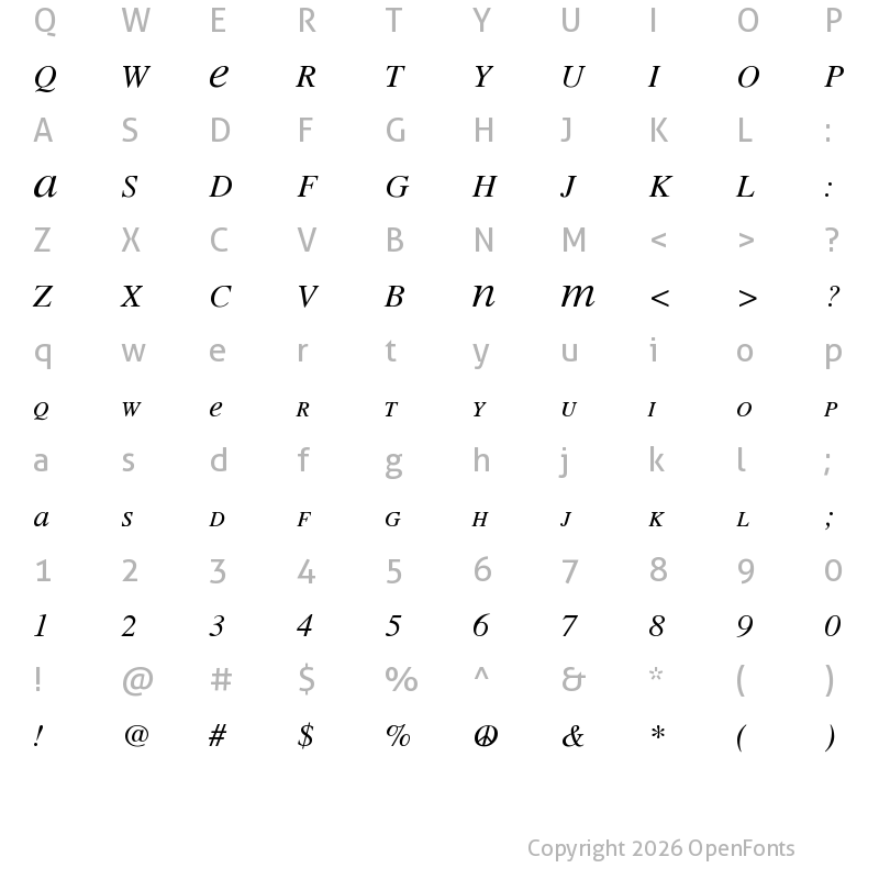 Character Map of MEAN 26 Italic Regular