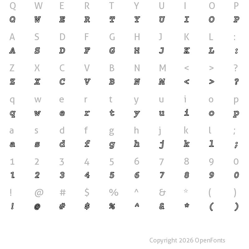 Character Map of Mechanical Bold Outline Oblique