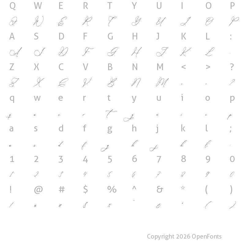 Character Map of Megitran Carolinesh Script Italic