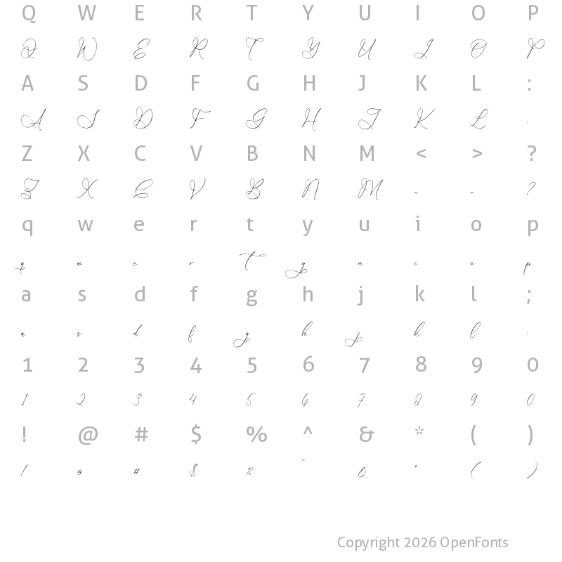 Character Map of Megitran Carolinesh Script Regular
