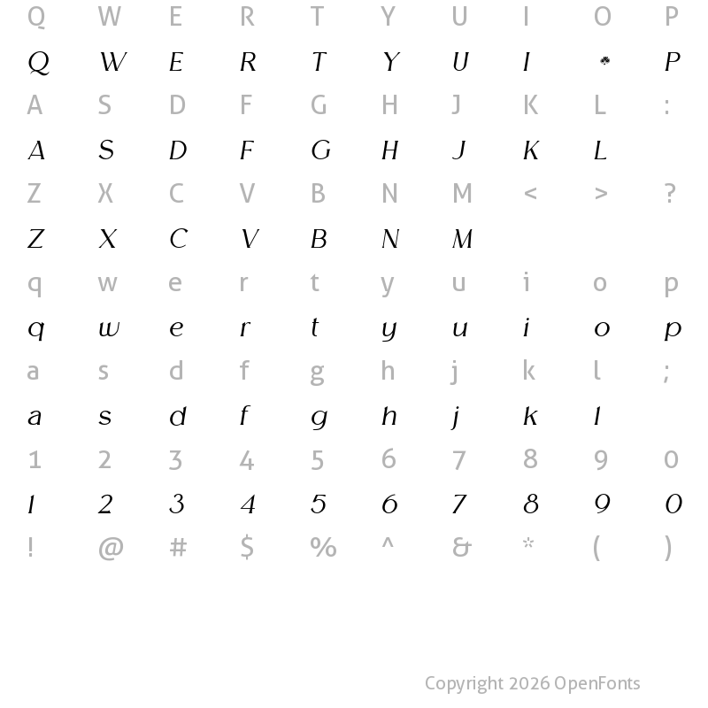 Character Map of Melion Extra Light Italic