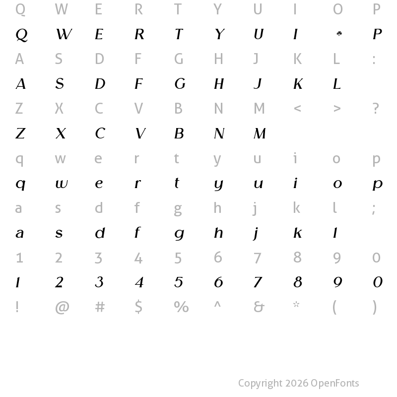 Character Map of Melion Semi Bold Italic