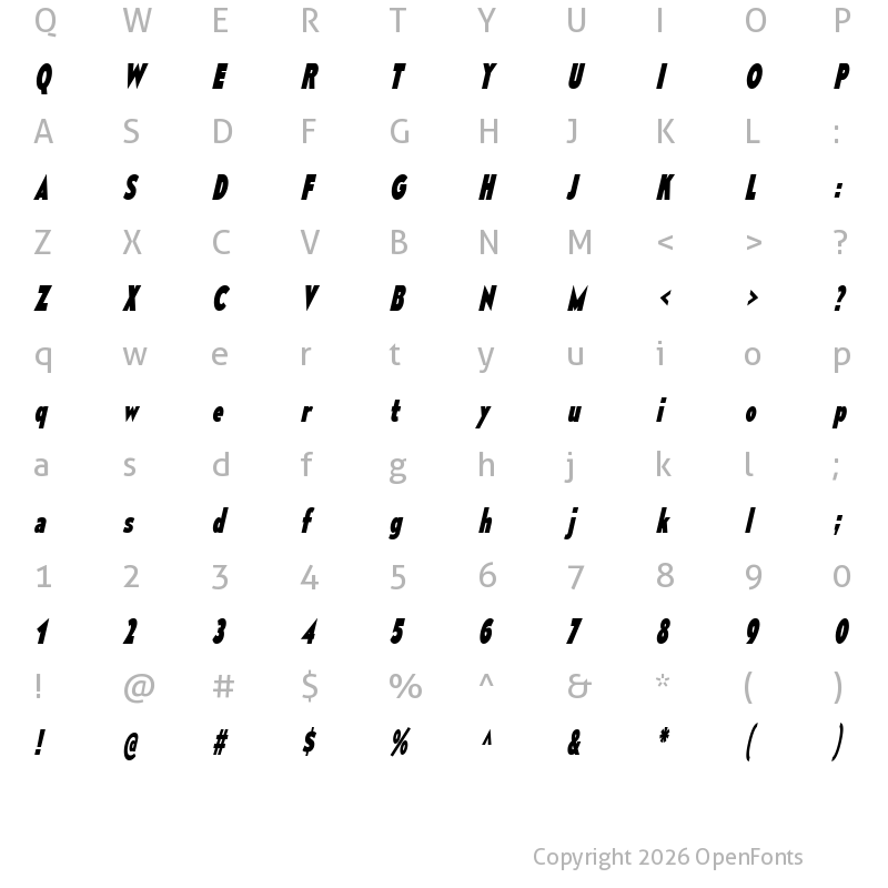 Character Map of Mesmerize Condensed ExtraBold Italic