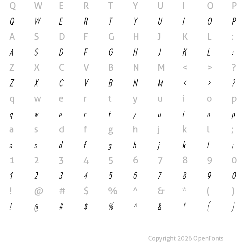 Character Map of Mesmerize Condensed Light Italic