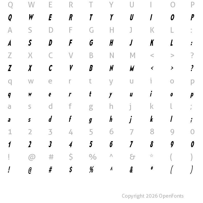 Character Map of Mesmerize Condensed SemiBold Italic
