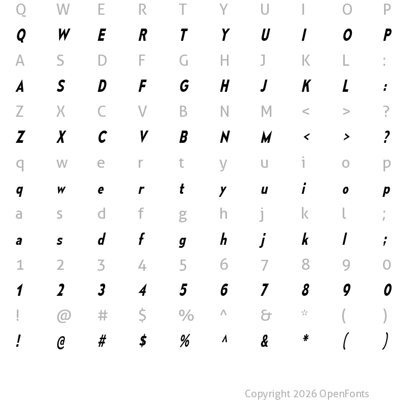 Character Map of Mesmerize SemiCondensed SemiBold Italic