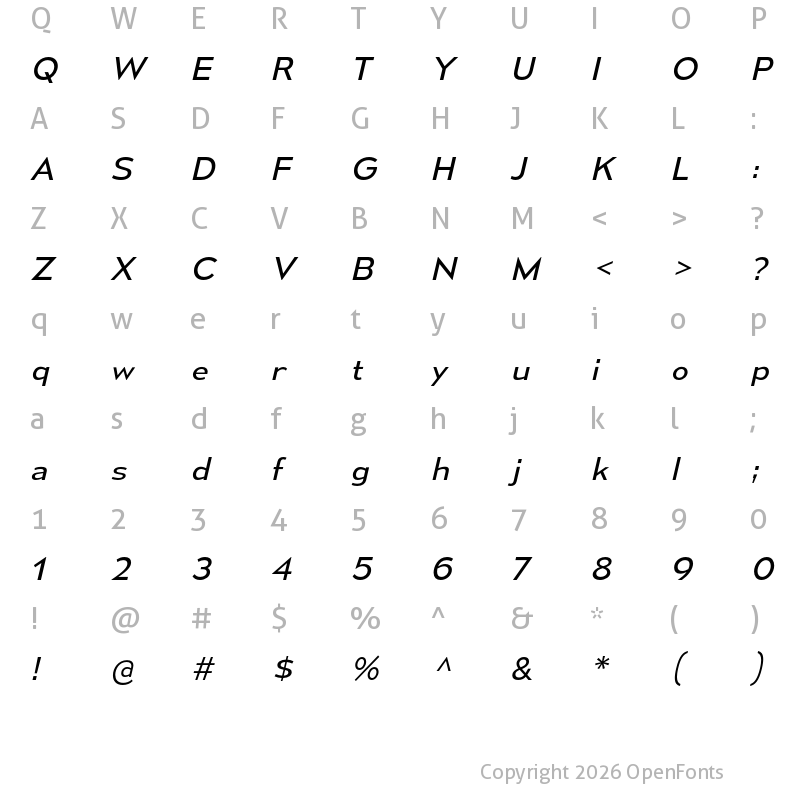 Character Map of Mesmerize SemiExpanded Book Italic
