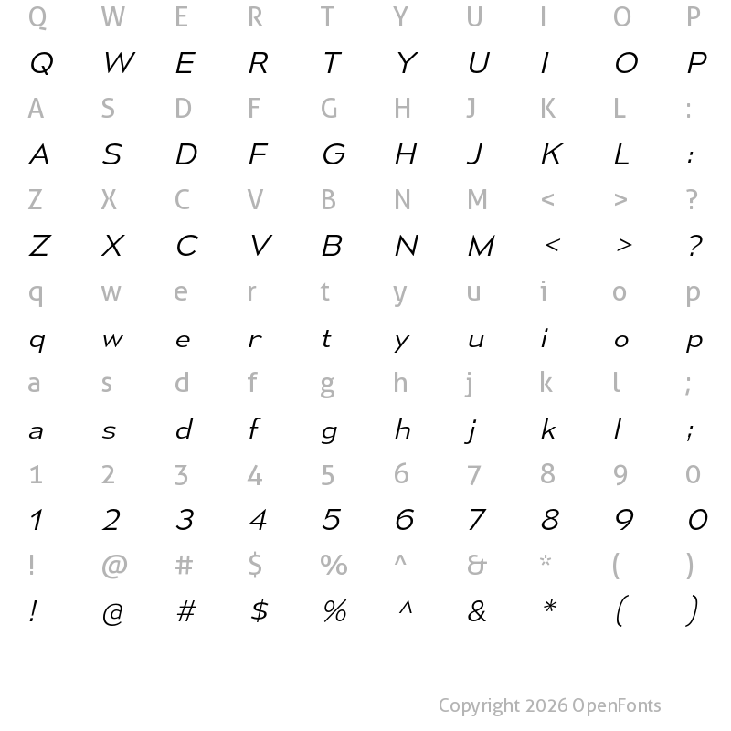 Character Map of Mesmerize SemiExpanded Light Italic