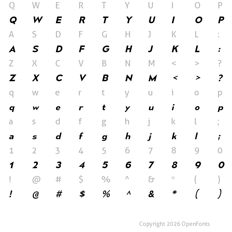 Character Map of Mesmerize SemiExpanded SemiBold Italic