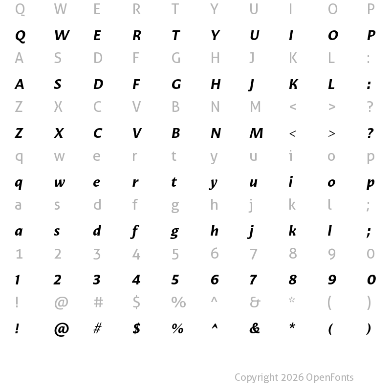 Character Map of Mestiza Sans Bold Italic