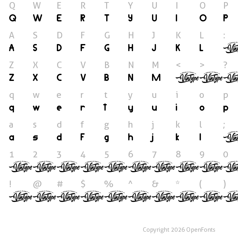 Character Map of Metamora Demo Regular