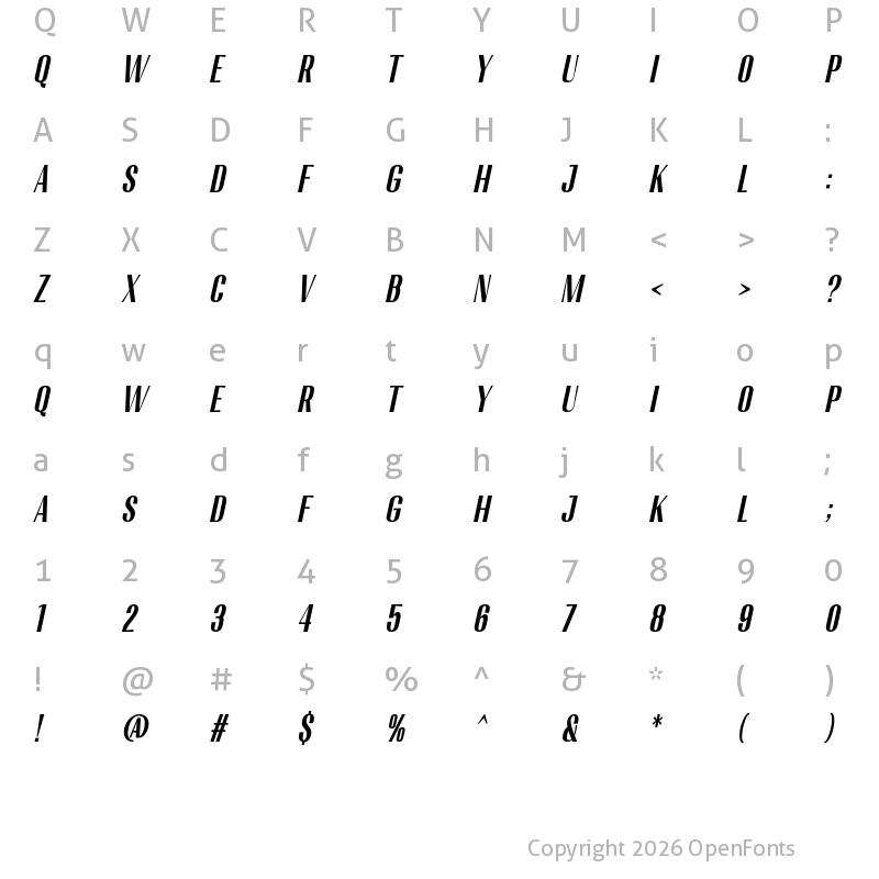 Character Map of Migha Bold Condensed CNTR Slant