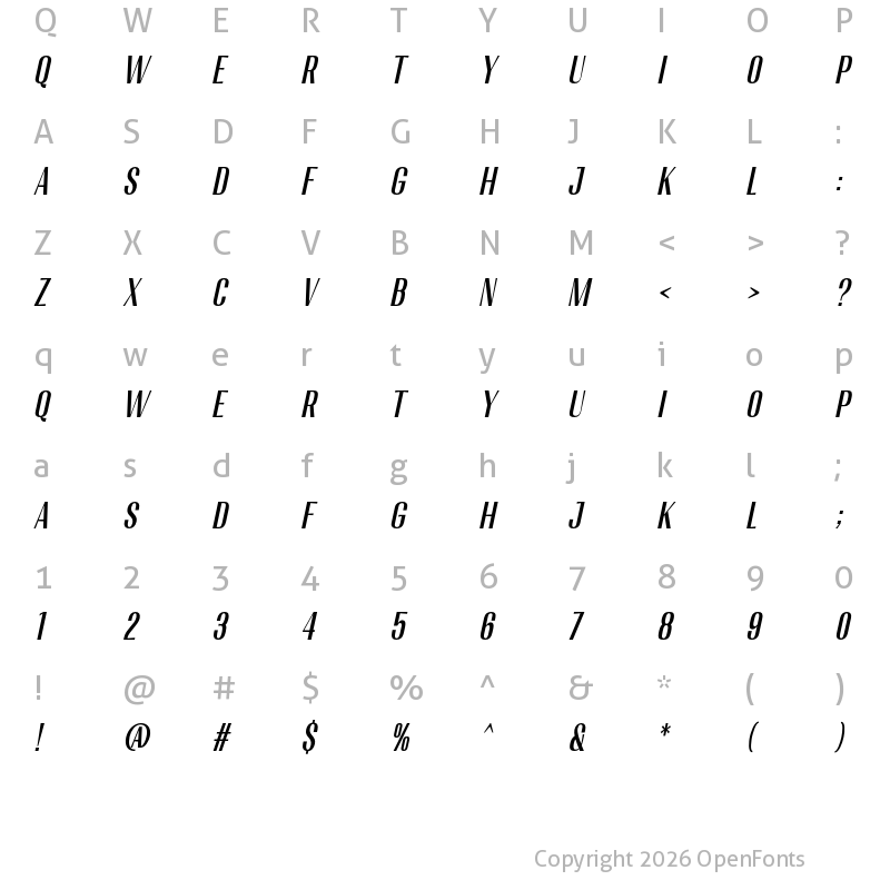 Character Map of Migha Medium Condensed CNTR Slant