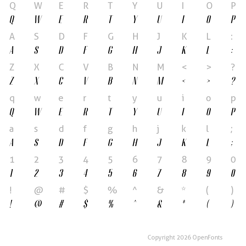 Character Map of Migha Medium Condensed Slant