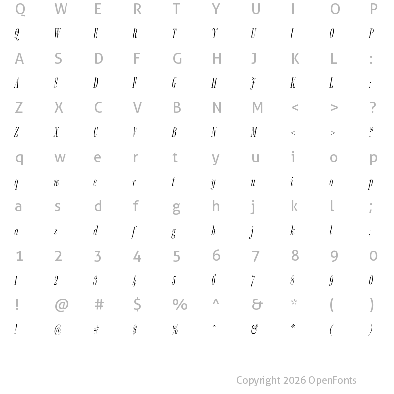 Character Map of Miller Banner Extra Compressed Light Italic