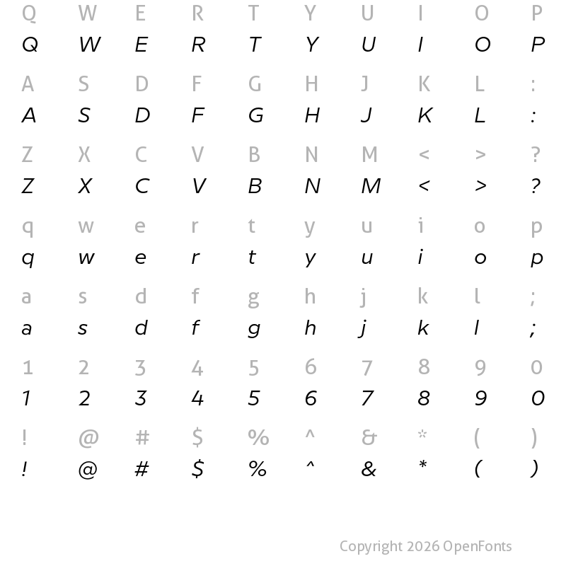 Character Map of Milliard Book Italic
