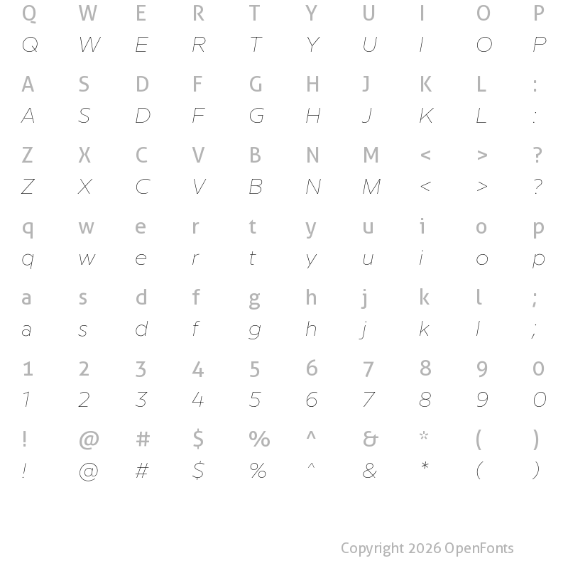 Character Map of Milliard Hairline Italic