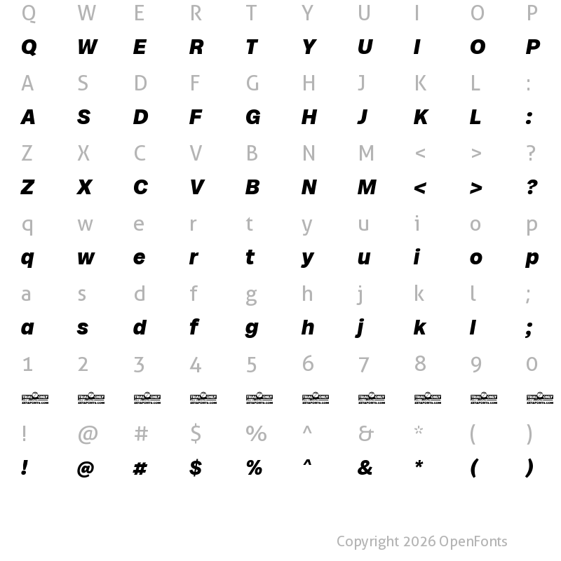 Character Map of Milligram Trial Extrabold Italic