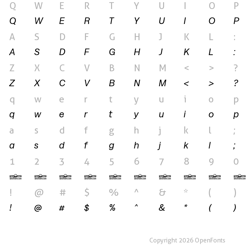 Character Map of Milligram Trial Italic