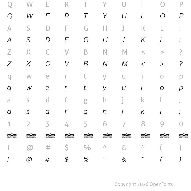 Character Map of Milligram Trial Light Italic