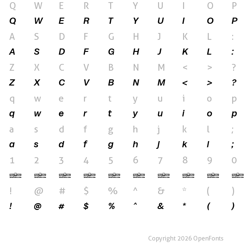 Character Map of Milligram Trial Medium Italic