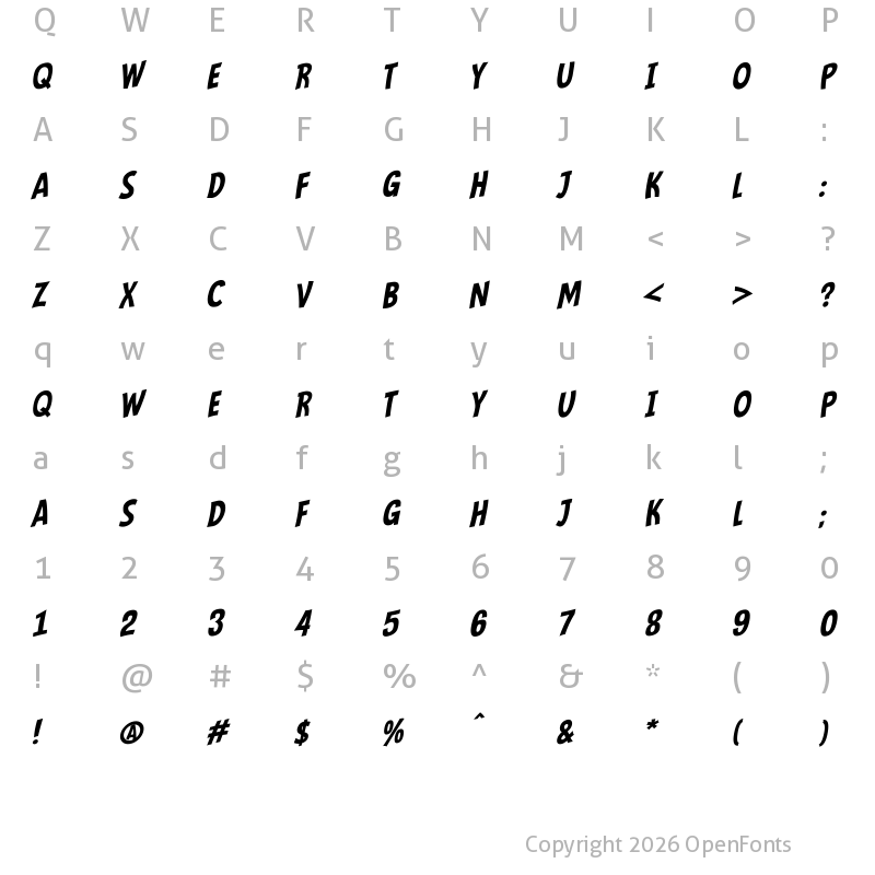 Character Map of Mindflyers Comics Italic Regular