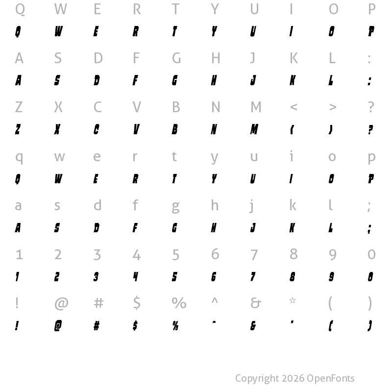 Character Map of Mindless Brute Condensed Italic Condensed Italic