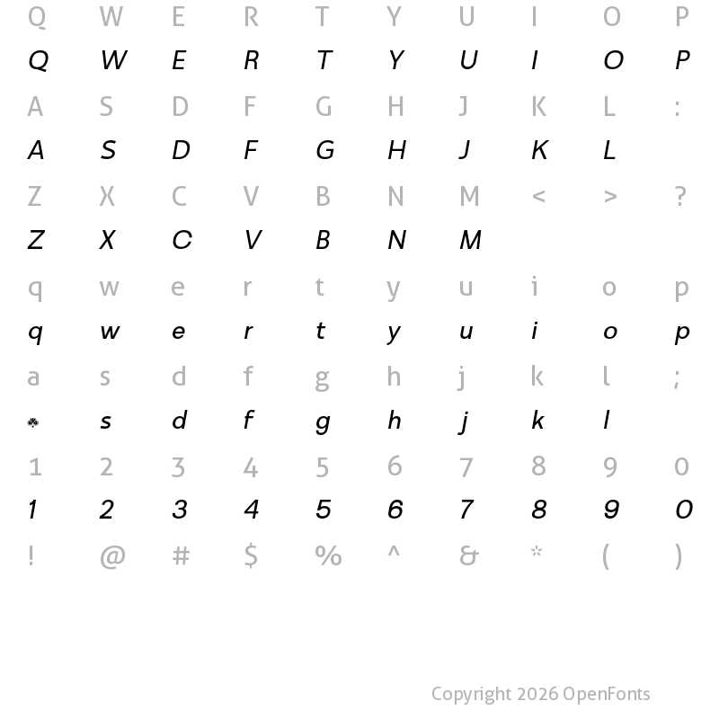 Character Map of Minomu Light Italic