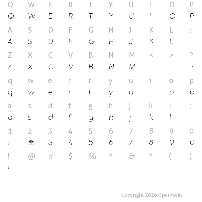 Character Map of Misegar Extra Light Italic