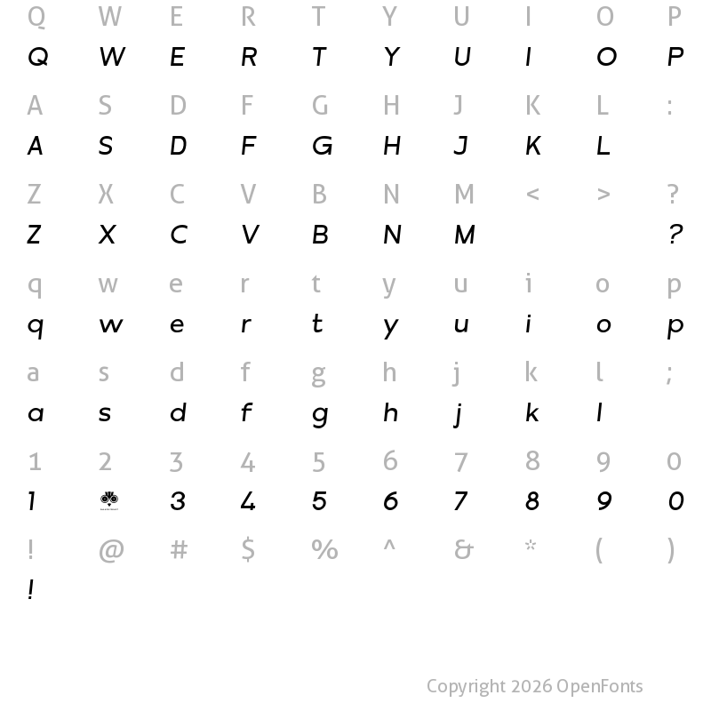 Character Map of Misegar Semi Bold Italic