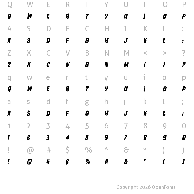 Character Map of Mister Twisted Condensed Italic Condensed Italic