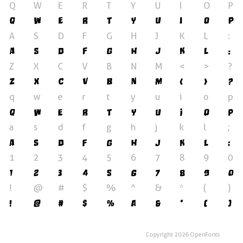 Character Map of Mister Twisted Staggered Rotalic Italic