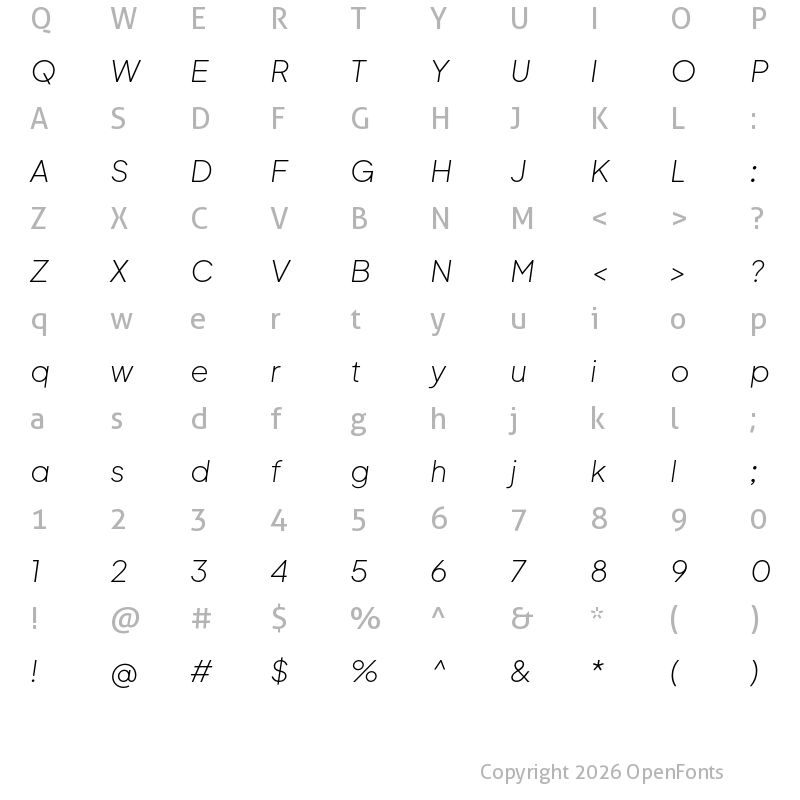 Character Map of Mluvka ExtraLight Italic
