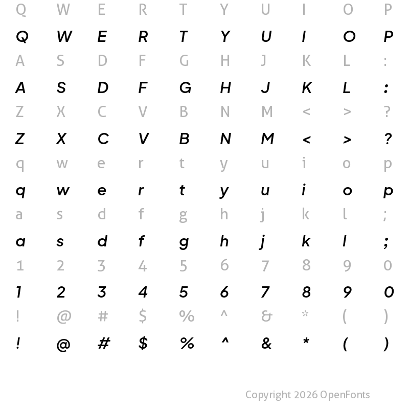 Character Map of Mluvka SemiBold Italic
